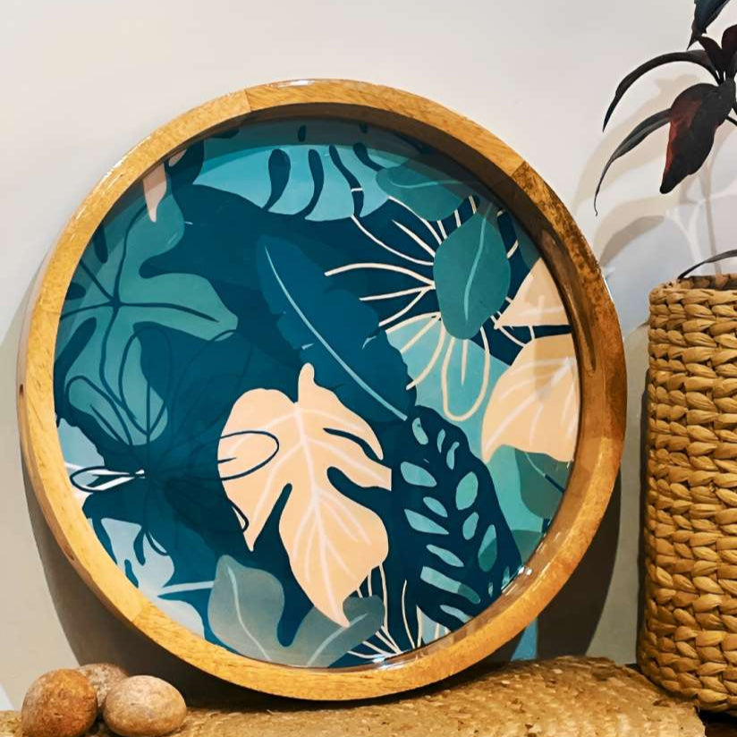 Unique Tropical Teal Wooden Round Tray